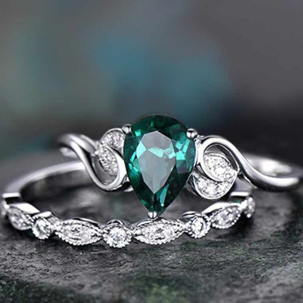 Elegant Dainty Lake Green Anillos 925 Silver Couple Ring Set, VIP211